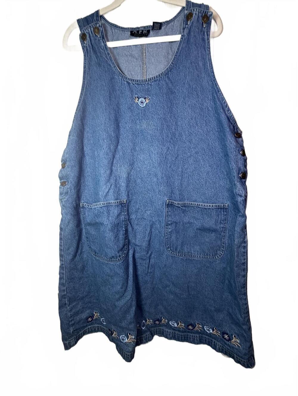 Vintage 90s MPH Blues Denim Pinafore Overall Dress 1X Embroidered Jumper